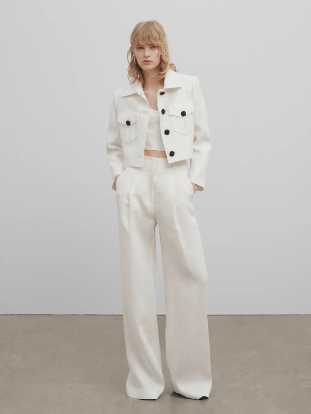 Chaqueta corta lino jacquard -Studio - BLANCO