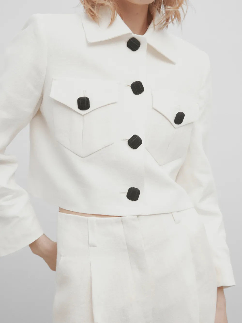 Chaqueta corta lino jacquard -Studio - BLANCO