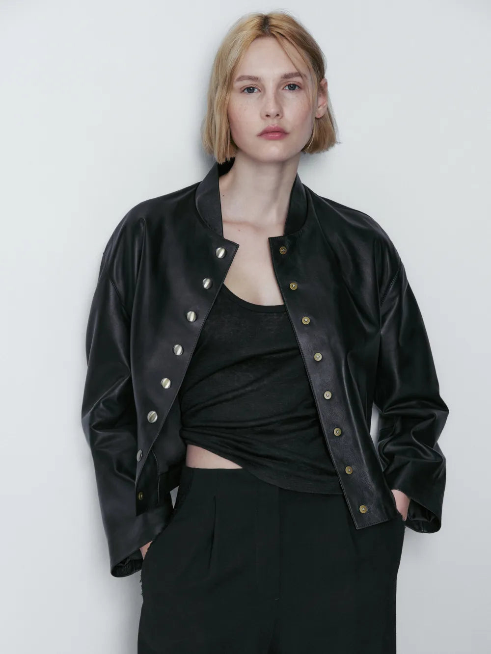 Chaqueta bomber piel napa botones - NEGRO