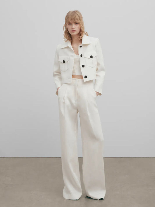 Chaqueta corta lino jacquard -Studio - BLANCO